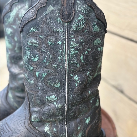 Upcycled Distressed Leather Cowboy Boots Black With Teal – Rustic Western Vibes - Picture 5 of 9